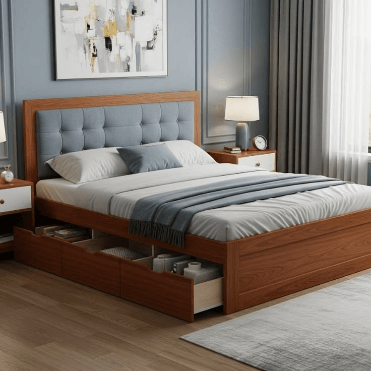 Bedroom interior with wood laminate storage